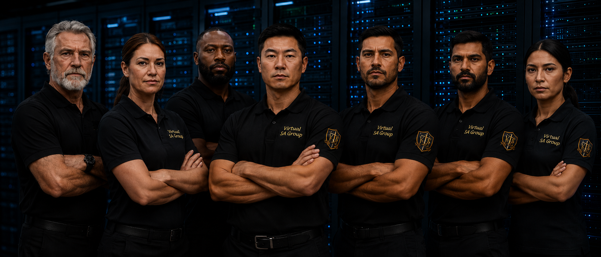 Diverse group of veteran technology professionals in black Virtual SA Group polos standing with arms folded in front of server racks.