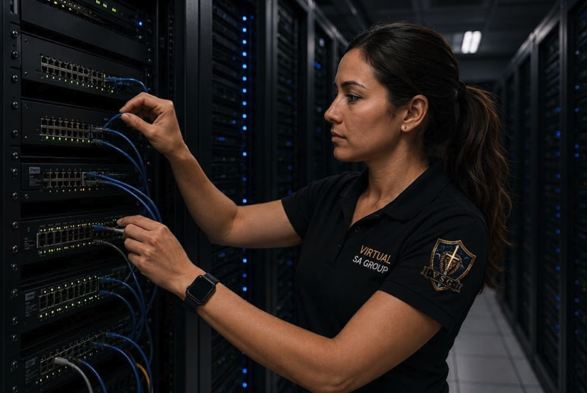 Female Virtual SA Group IT professional working on network switches and cabling in a server rack.