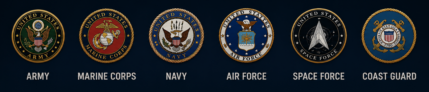United States Army, Marine Corps, Navy, Air Force, Space Force, and Coast Guard branch emblems with branch names.